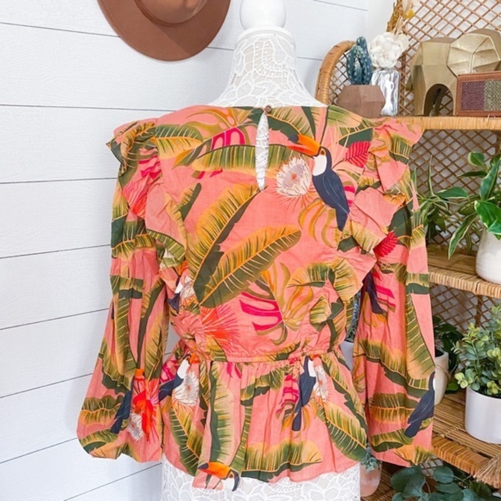 NWT Farm Rio Yasmine Ruffled Blouse Pink Combo Anthropologie Womens Top Tropical - Picture 11 of 14